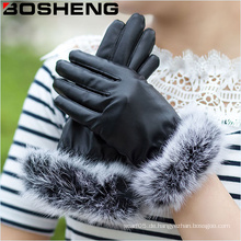 Frauen Warm Fashion Schwarz Leder Handschuhe mit Feder